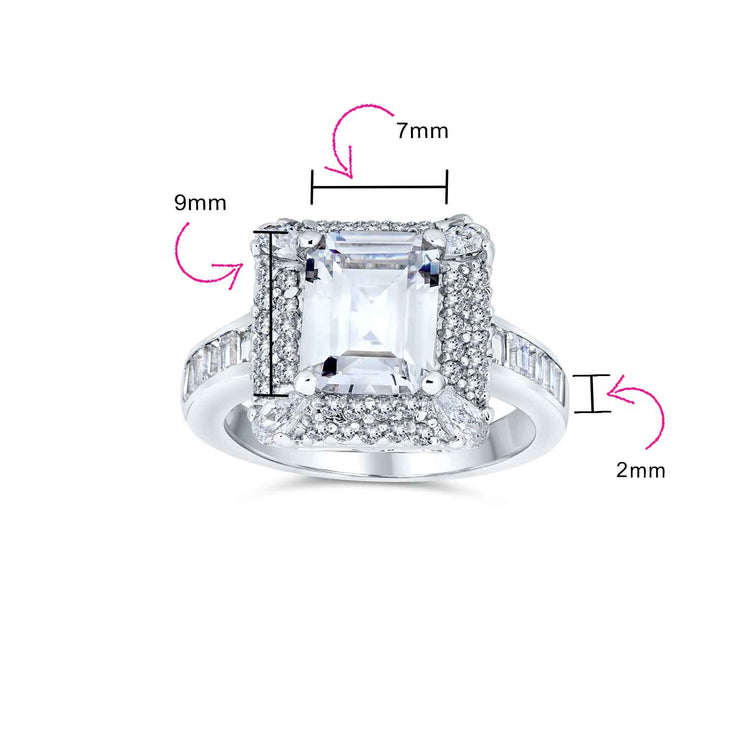 Classic 4CTW Emerald Cut CZ Halo Engagement Ring in Sterling Silver Pave Band