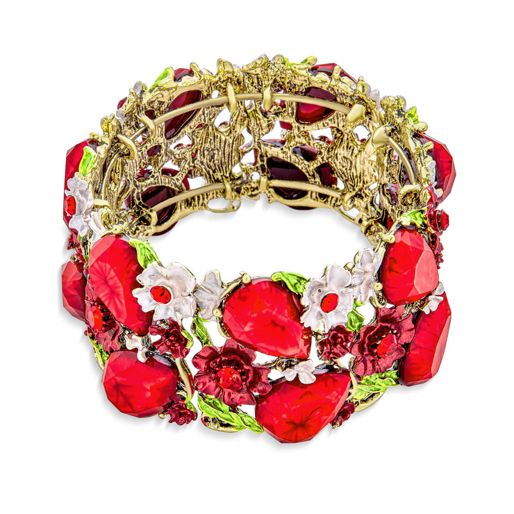 Wide Red Crystal Flower Statement Cuff Bracelet Flexible Gold Plated