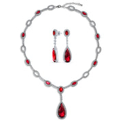 Vintage Halo Imitation Red Ruby CZ Y Necklace Earrings Jewelry Set