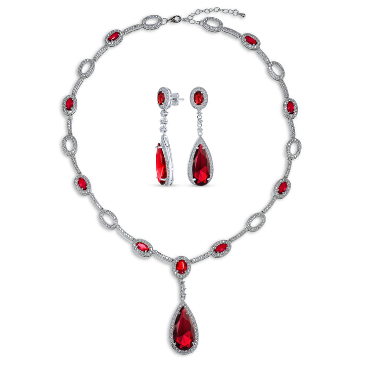 Vintage Halo Imitation Red Ruby CZ Y Necklace Earrings Jewelry Set