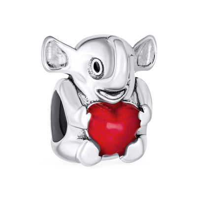 Red Heart Elephant Charm Bead in Sterling Silver for European Bracelets