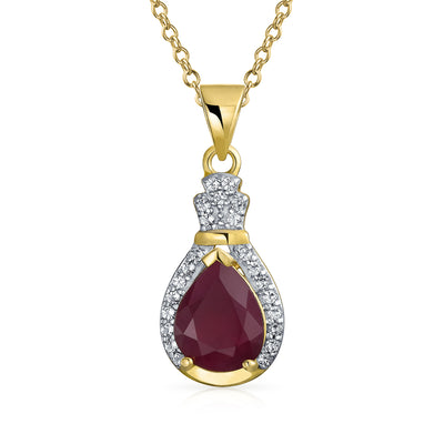 Pear Ruby Zircon Halo Pendant Necklace Yellow Gold Plated Silver