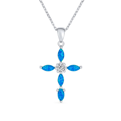 Gemstone CZ Blue Created Opal Cross Pendant Necklace Sterling Silver