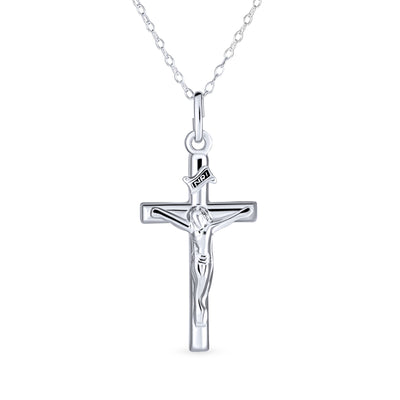 Jesus INRI Crucifix Tube Cross Pendant Sterling Silver Necklace Chain