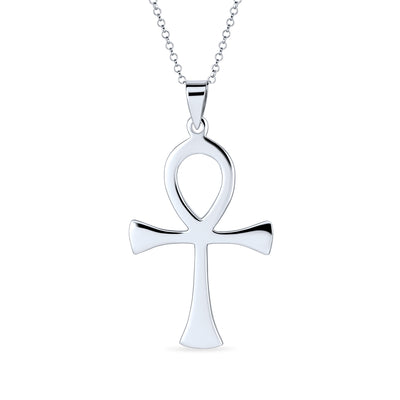 Mens Large Ankh Egyptian Cross Pendant .925 Sterling Silver Necklace 2.25 Inch