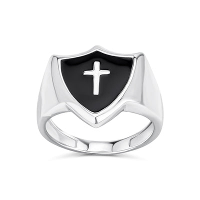 Unisex Black Onyx Inlay Shield Cross Signet Ring .925 Sterling Silver