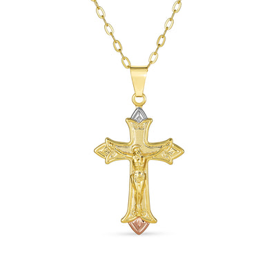 Tri Color Religious Yellow Gold Plated Lily Flower Fleur De Lis Cross Pendant