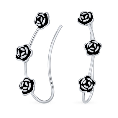 Romantic Retro 3D Flower Ear Cuff Cartilage with Three Roses in Sterling Silver