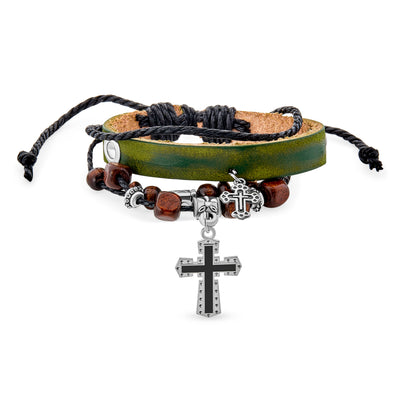 Retro Boho Black Cross Leather Triple Wrap Multi Layer Charm Bracelet Adjustable