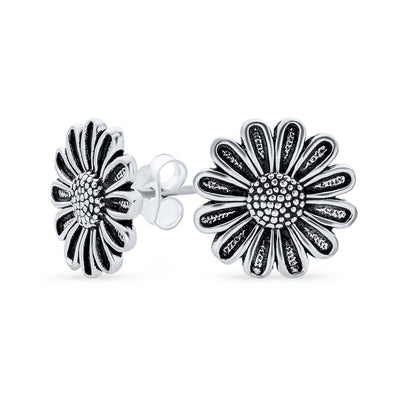 Garden Sunflower Flower Stud Earrings Oxidized .925Sterling Silver