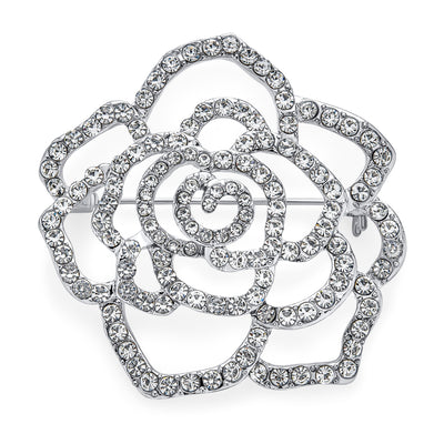 Large Bridal Flower Shape Open Pave Sparkling Crystal Rose Brooch Pin