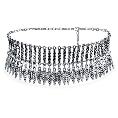 Native American Style Feather Choker Necklace in Oxidized Silver Plated Finish