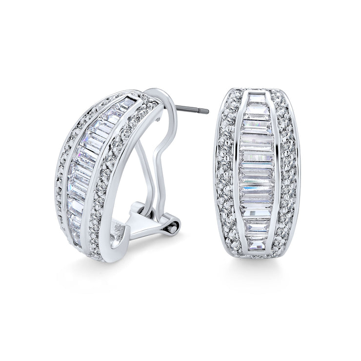 Bridal Baguette CZ Half Hoop Earrings Omega Back Clip Silver Plated