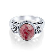 Flower Oval Pink Rhodochrosite Gemstone Ring Band .925 Sterling Silver