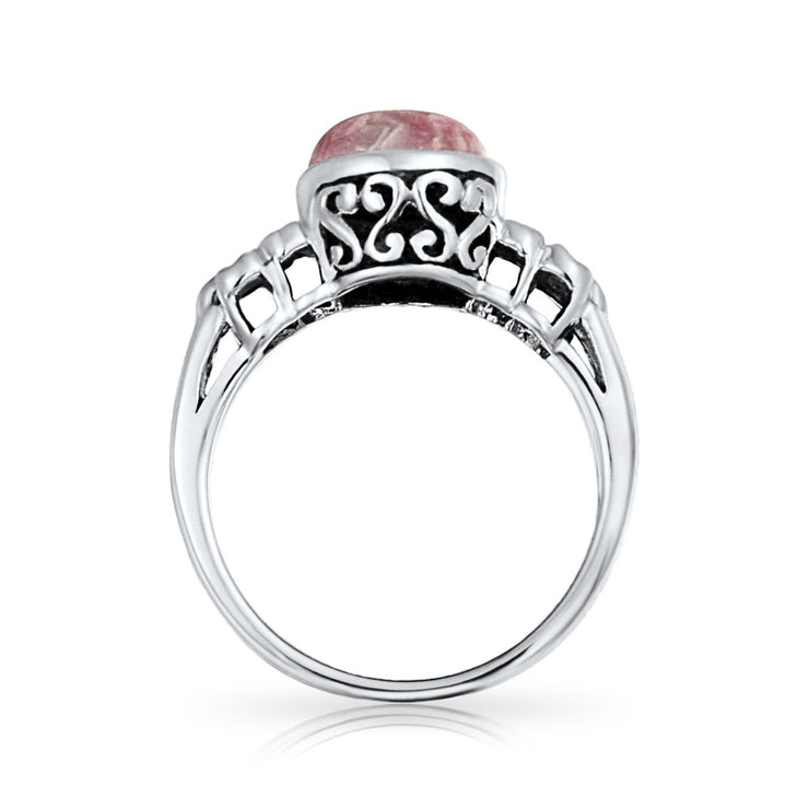 Flower Oval Pink Rhodochrosite Gemstone Ring Band .925 Sterling Silver