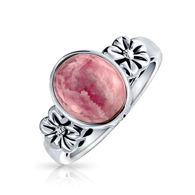 Flower Oval Pink Rhodochrosite Gemstone Ring Band .925 Sterling Silver