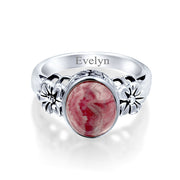 Flower Oval Pink Rhodochrosite Gemstone Ring Band .925 Sterling Silver