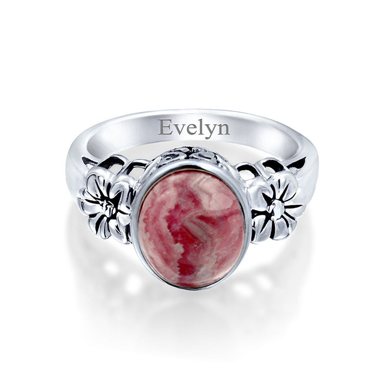 Flower Oval Pink Rhodochrosite Gemstone Ring Band .925 Sterling Silver