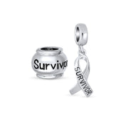 Set of 2 Ribbon Breast Cancer Survivor Message Dangle Charm Bead Silver