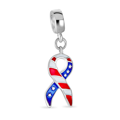 Patriotic USA Flag Ribbon Dangle Charm Bead Enamel Silver for European Bracelet