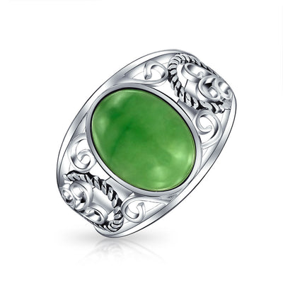 Scroll Filigree Oval Green Jade Statement Ring .925Sterling Silver