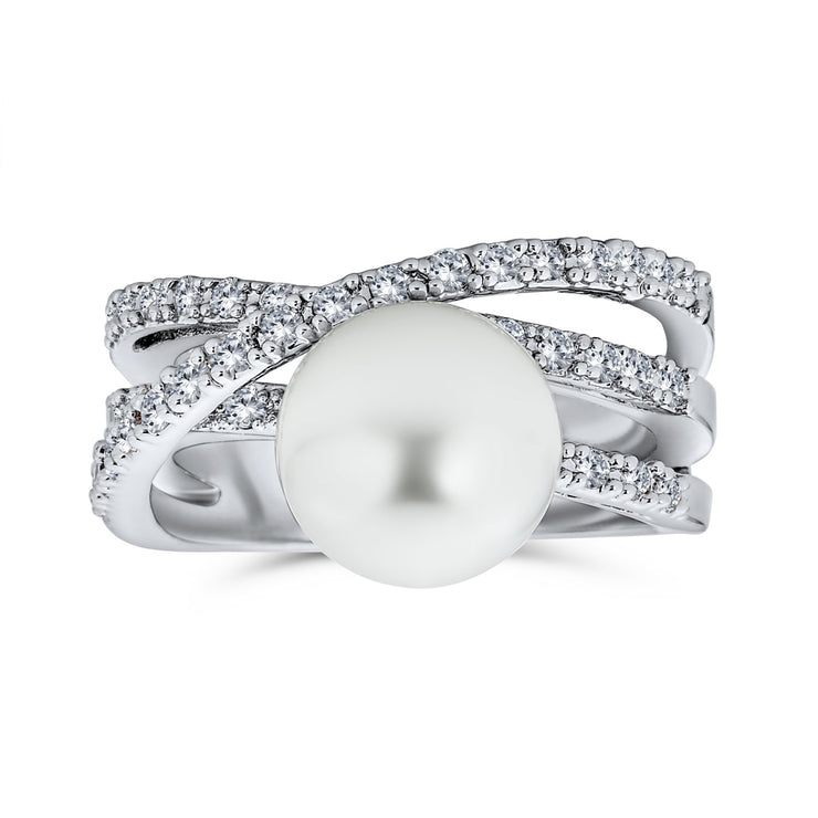 Criss Cross Pave CZ Solitaire White Imitation Pearl Statement Ring