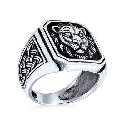 Mens Silver Ring Vintage Lion Signet Celtic Knot Oxidized .925 Sterling Silver