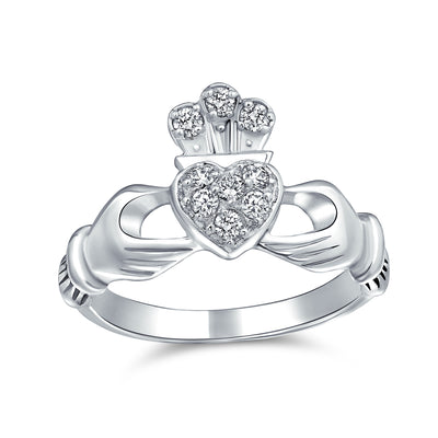 BFF Celtic Irish Friendship CZ Heart Claddagh Ring 925 Sterling Silver