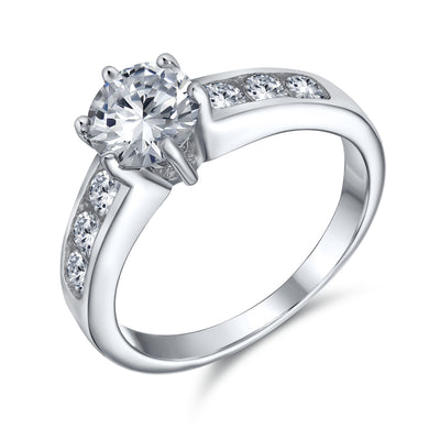 2CT AAA CZ Round Solitaire Engagement Ring with CZ Side Stones in Sterling Silver