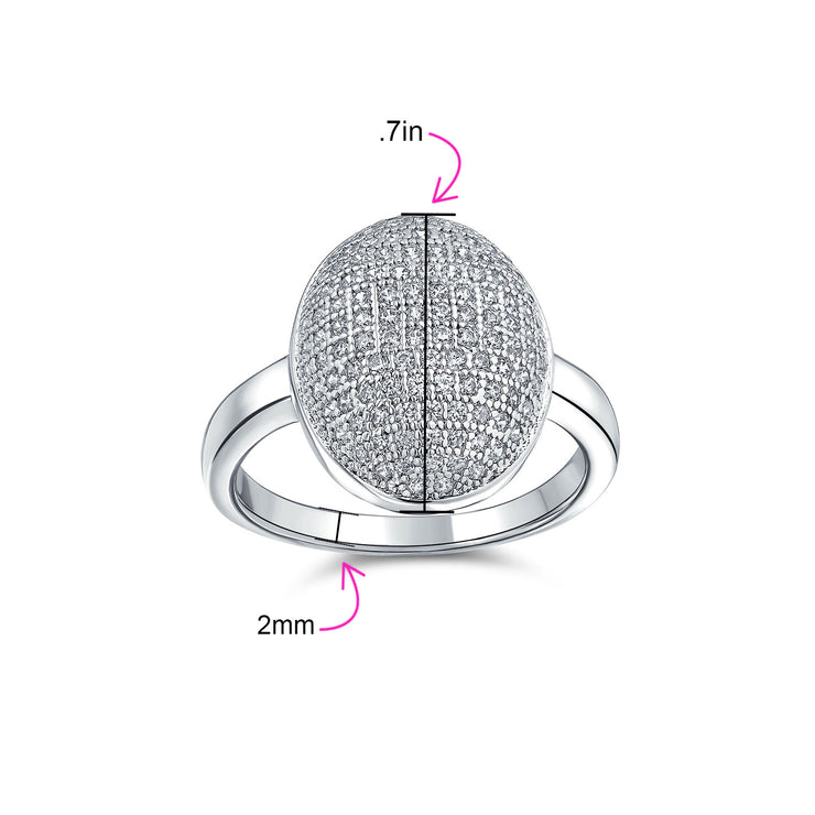 Holiday Party Silver Cocktail Statement Ring with Cubic Zirconia Oval Pave Dome