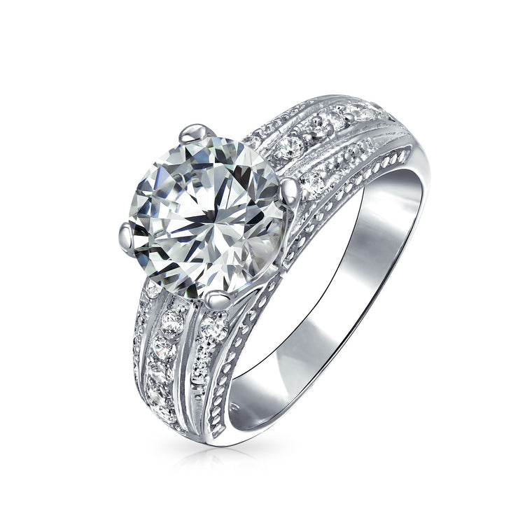 Vintage Antique Style 3CT CZ Solitaire Engagement Ring with Milgrain Edge Band