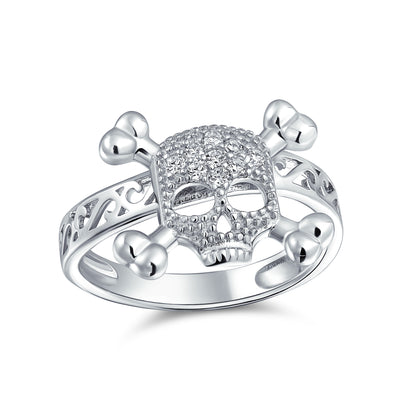 Goth Pave CZ Caribbean Pirate Skull Crossbones Ring Sterling Silver