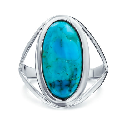 Simple Boho Silver Ring with Large Blue Turquoise Gemstone in Bezel Setting