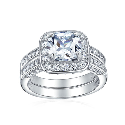 Classic 2CT Cushion Cut Cocktail Statement Ring with CZ Pave Side Stones Sterling Silver