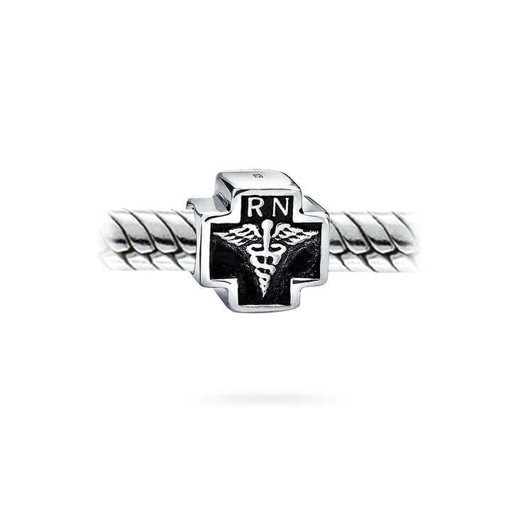 Set of 2 Nursing RN Caduceus Cross & Nurse Hat Charm Bead Sterling Silver