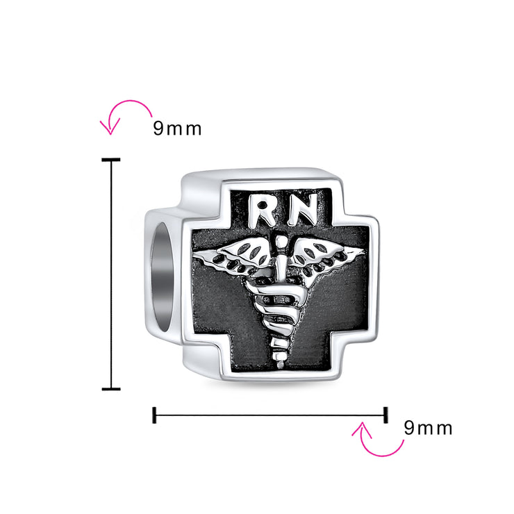 Set of 2 Nursing RN Caduceus Cross & Nurse Hat Charm Bead Sterling Silver