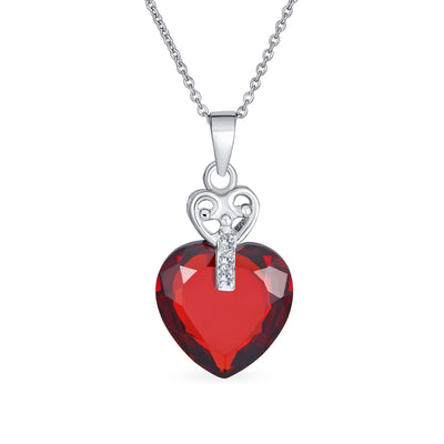 Romantic Key to Her Heart Pendant Necklace with Ruby Red CZ and Sterling Silver Chain