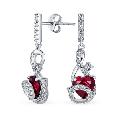 Romantic CZ Infinity Swirl Dangle Chandelier Earrings with Ruby Heart in Sterling Silver