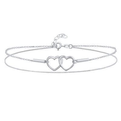 Romantic Double Chain Anklet Ankle Bracelet with Interlocking Hearts Sterling Silver