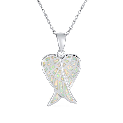 Heart Shape White Opal Inlay Guardian Angel Wings Necklace .925 Sterling Silver