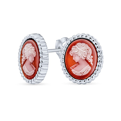 Classic Vintage Terracotta Red White Victorian Lady Cameo Stud Earrings Silver