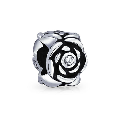 Mothers Day Flower CZ Accent Black Rose Charm Bead .925 Sterling Silver