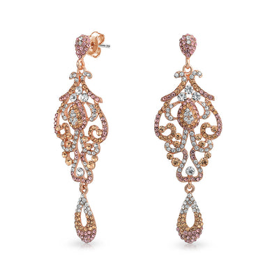 Pink Crystal Lace Chandelier Statement Earrings Rose Gold Plated