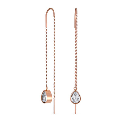 Set of 2 Long Wire Hook CZ Teardrop Threader Earrings Rose Gold Plated Steel