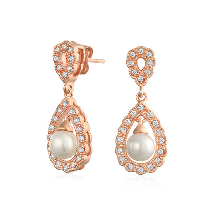 Bridal Vintage Filigree Pearl Teardrop Dangle Chandelier Earrings Rose Gold