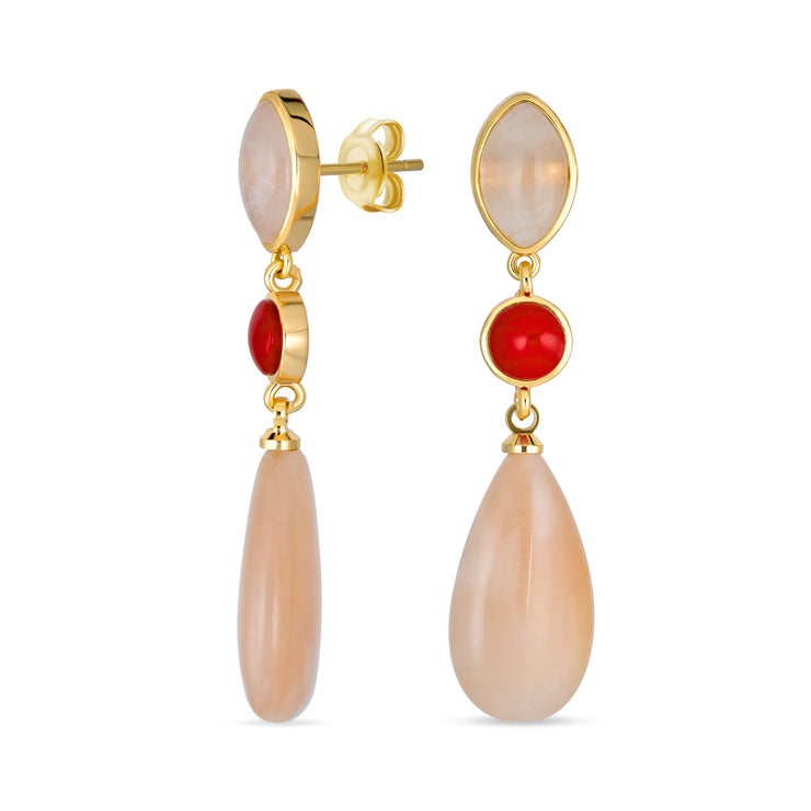 Unique Rose Quartz Dangle Gemstone Earrings in Gold with Multi-Tier Design