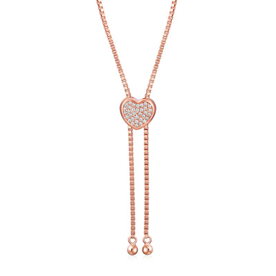 Heart Bolo Lariat Pendant Necklace CZ Rose Gold Plated Sterling Silver