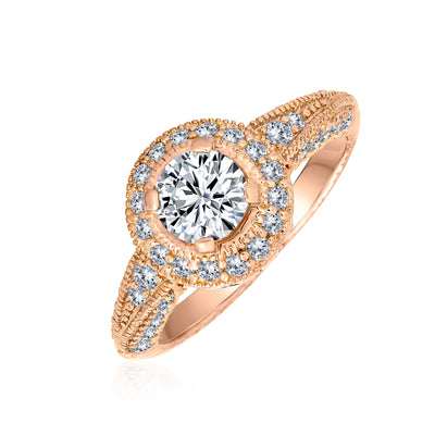 Art Deco Silver Ring with Milgrain Edge and Cubic Zirconia Halo Rose Gold Plated