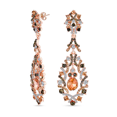 Vintage Art Deco Black & Pink Crystal Lace Dangle Earrings Rose Gold Plated