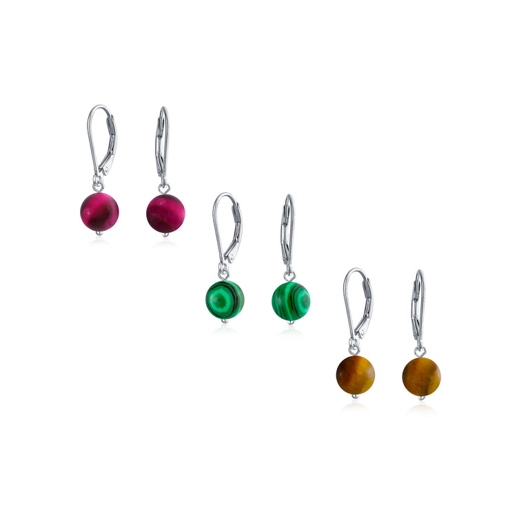 Set of 3 Fuchsia Brown Tiger-Eye Green Malachite Drop Ball Earrings Silver 8MM